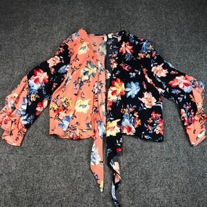Cato Floral Print Tie Front Kimono Bell Sleeve Blouse Top
